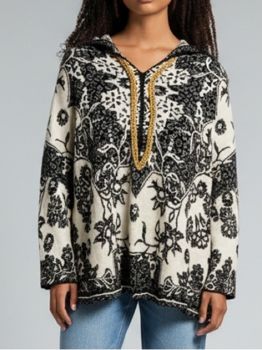 FREE PEOPLE Kanuk Black White Floral Embroidered Hoodie Size Small S P